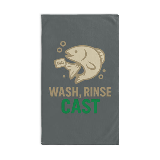 Fishing Themed Hand Towel with 'Wash, Rinse, Cast' Design, Perfect for Fishermen, Kitchen Decor, Gifts for Him, Angler Accessories