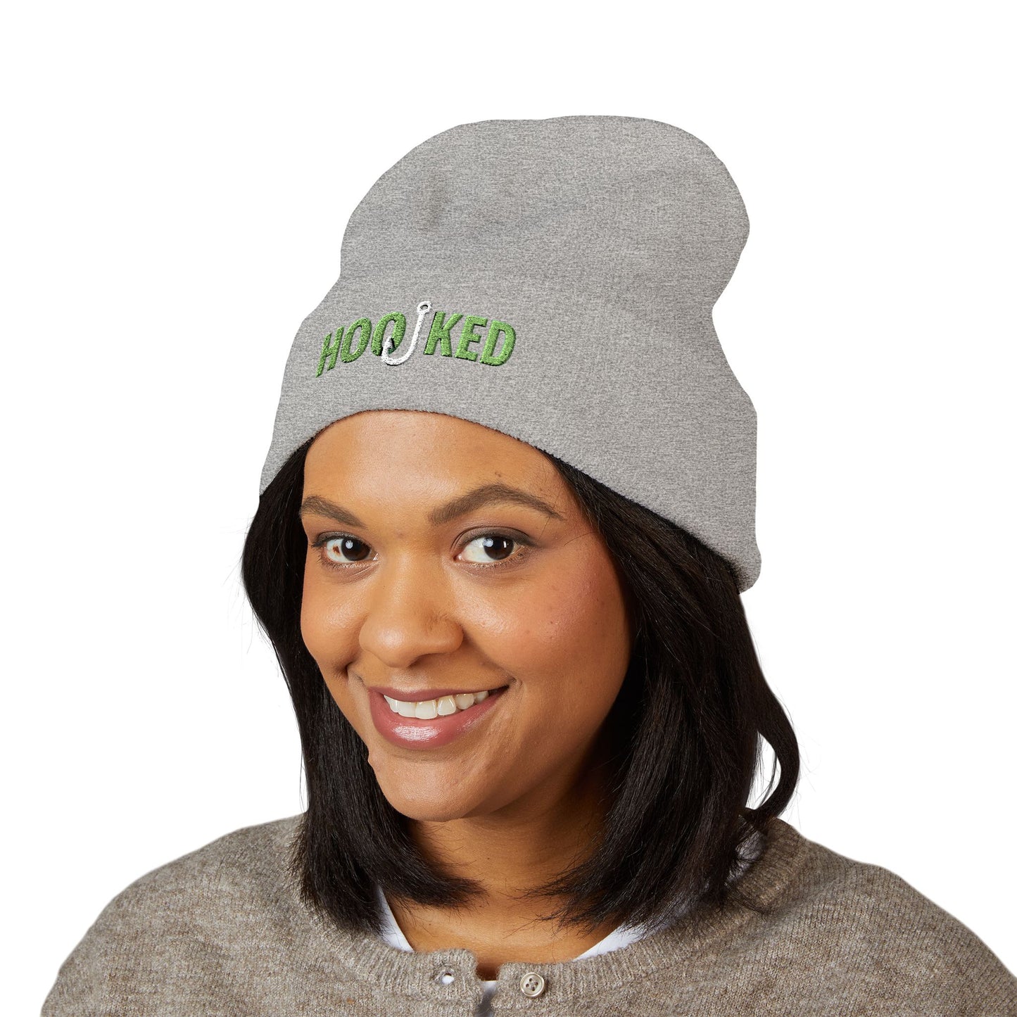 Hooked Classic Cuffed Beanie - Embroidered Fishing Hat, Winter Accessory, Gift for Anglers, Cozy Knit Cap, Outdoor Fashion
