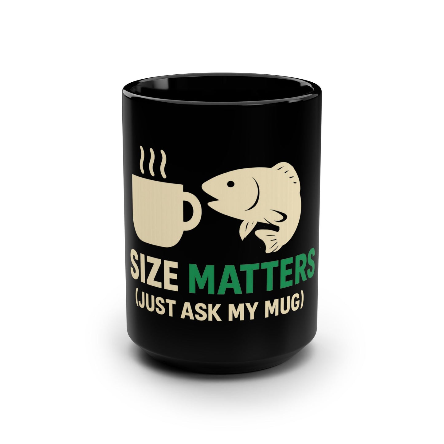 Funny Fishing Mug, Size Matters Coffee Cup, Gift for Fisherman, Humor Mug for Dad, Black Ceramic Mug