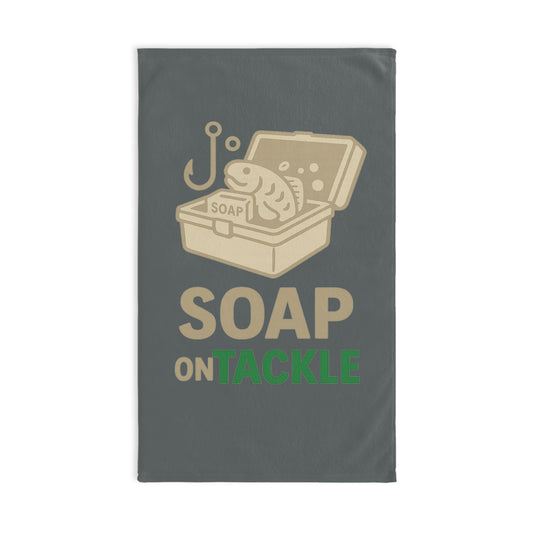 Fishing-Themed Hand Towel, Perfect for Anglers, Gifts for Fishermen, Outdoor Kitchen Decor, Soap on Tackle Design, Fishing Supplies