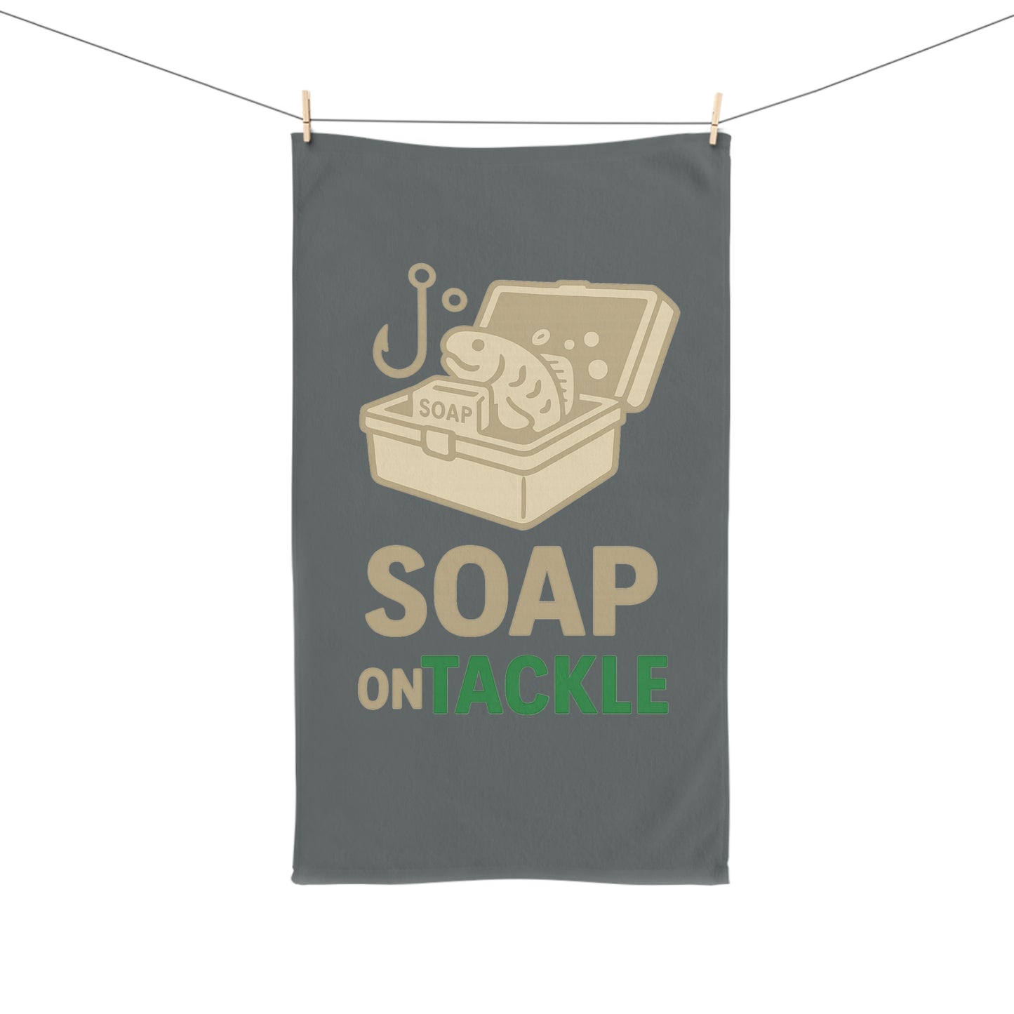 Fishing-Themed Hand Towel, Perfect for Anglers, Gifts for Fishermen, Outdoor Kitchen Decor, Soap on Tackle Design, Fishing Supplies