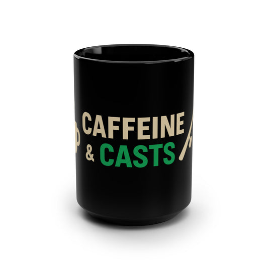 Caffeine & Casts Fishing Mug, 15oz Black Coffee Cup, Gifts for Anglers, Fishing Lovers, Funny Fishing Gift, Outdoor Enthusiasts