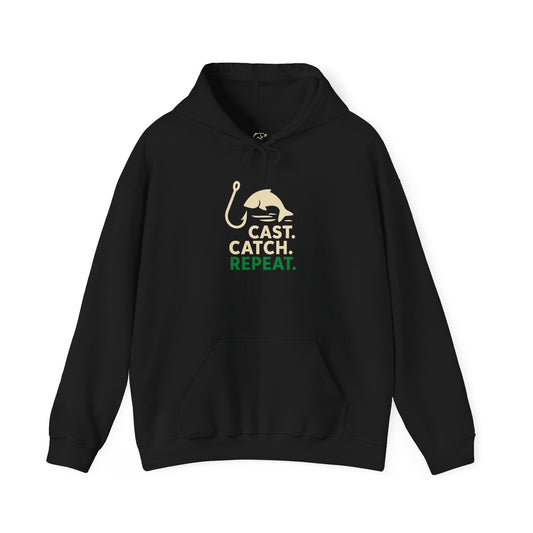 Fishing Enthusiast Hoodie, Cast Catch Repeat Sweatshirt, Size is Everything Gift, Unisex Fishing Apparel, Outdoor Sportswear