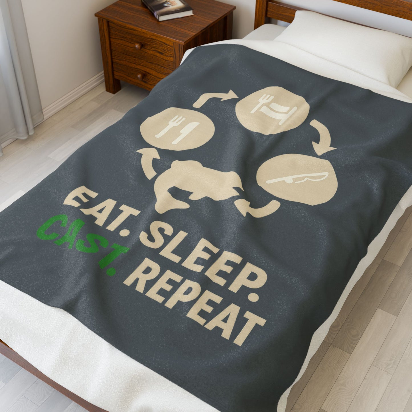 Fishing Enthusiast Velveteen Plush Blanket, Cozy Throw for Anglers, Eat Sleep Cast Repeat Blanket, Gifts for Fishermen, Relaxation, [...]