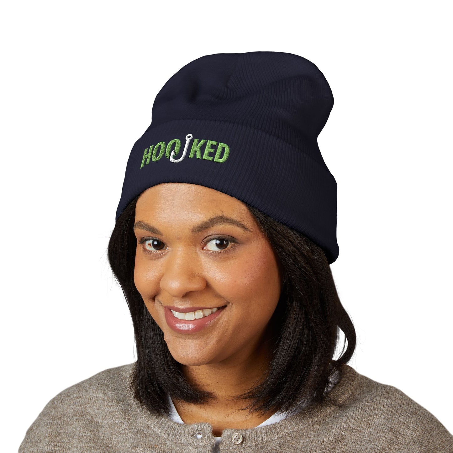 Hooked Classic Cuffed Beanie - Embroidered Fishing Hat, Winter Accessory, Gift for Anglers, Cozy Knit Cap, Outdoor Fashion